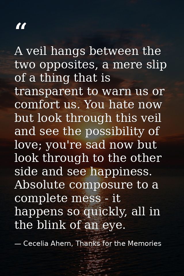 A veil hangs between the two opposites, a mere slip of a thing that is transparent to warn us or comfort us. You hate no — Cecelia Ahern, Thanks for the Memories
