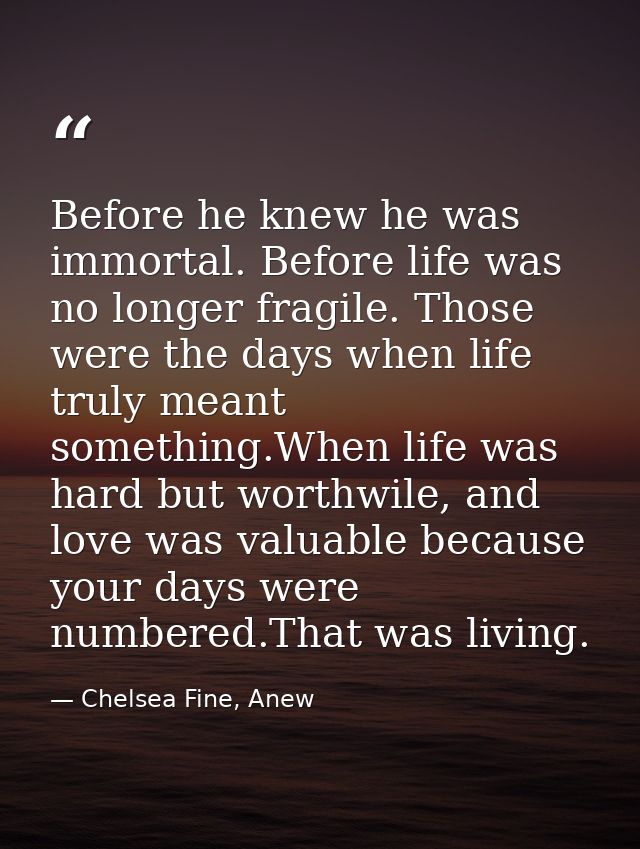 Before he knew he was immortal. Before life was no longer fragile. Those were the days when life truly meant something.W — Chelsea Fine, Anew