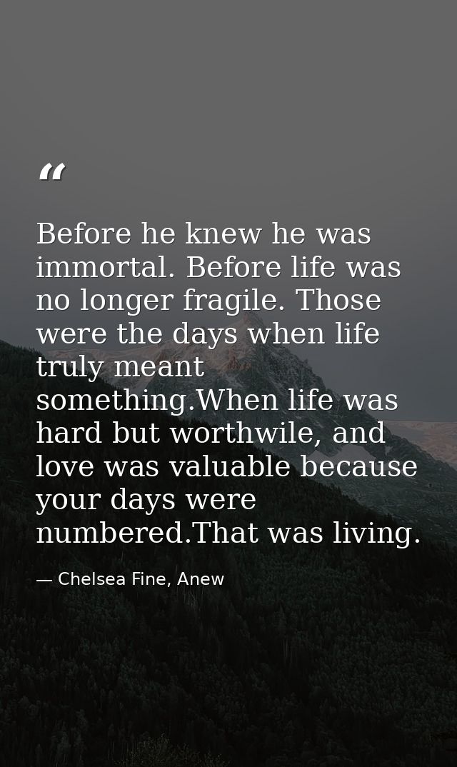 Before he knew he was immortal. Before life was no longer fragile. Those were the days when life truly meant something.W — Chelsea Fine, Anew