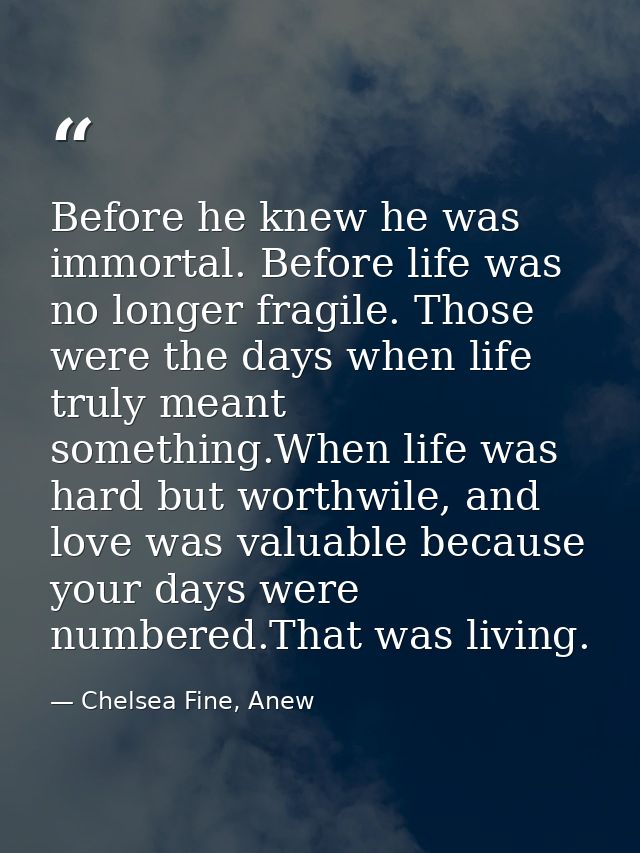 Before he knew he was immortal. Before life was no longer fragile. Those were the days when life truly meant something.W — Chelsea Fine, Anew