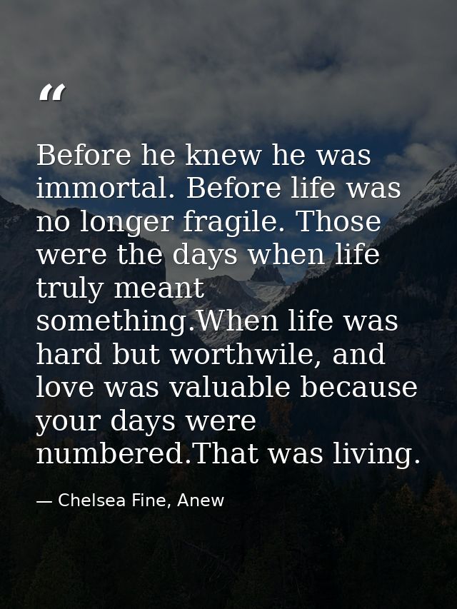 Before he knew he was immortal. Before life was no longer fragile. Those were the days when life truly meant something.W — Chelsea Fine, Anew