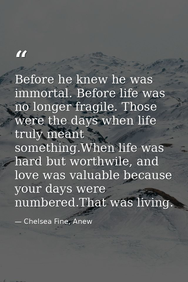 Before he knew he was immortal. Before life was no longer fragile. Those were the days when life truly meant something.W — Chelsea Fine, Anew