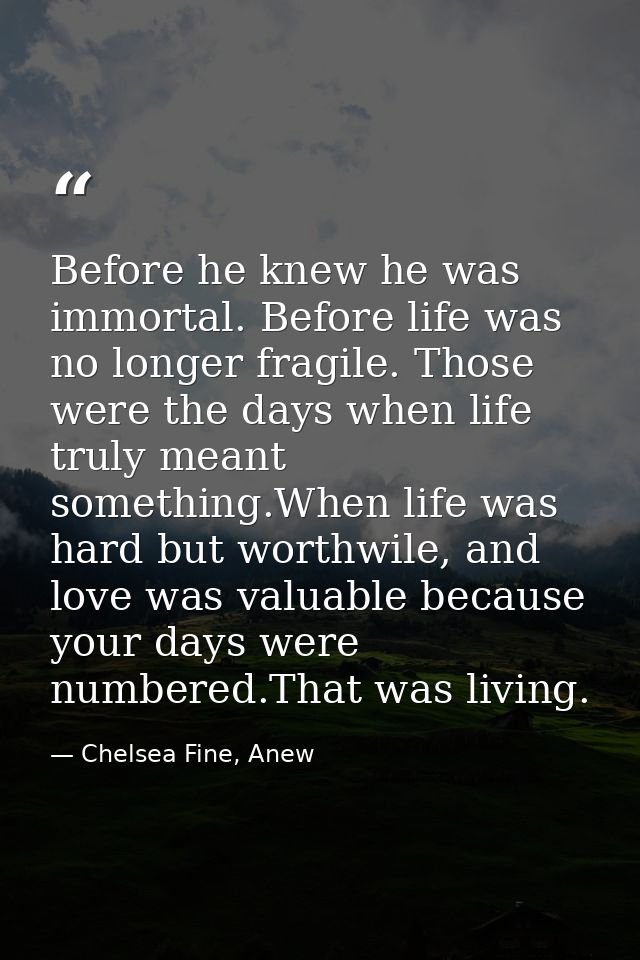 Before he knew he was immortal. Before life was no longer fragile. Those were the days when life truly meant something.W — Chelsea Fine, Anew
