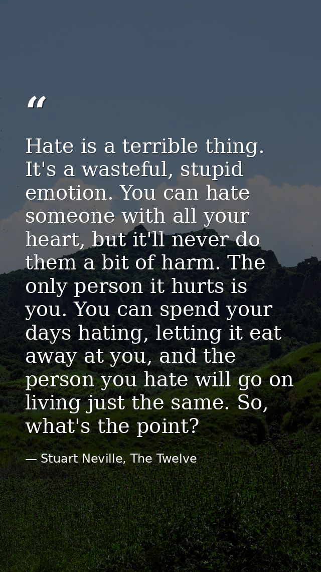 Hate is a terrible thing. It's a wasteful, stupid emotion. You can hate someone with all your heart, but it'll never do  — Stuart Neville, The Twelve