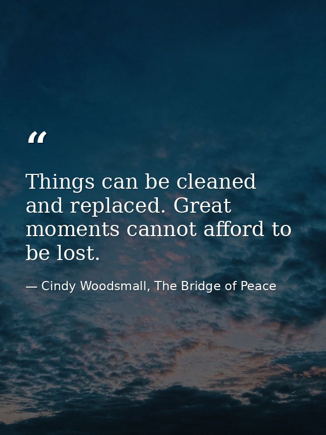 Things can be cleaned and replaced. Great moments cannot afford to be lost. — Cindy Woodsmall, The Bridge of Peace