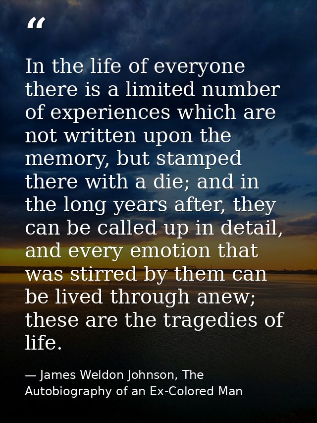 In the life of everyone there is a limited number of experiences which are not written upon the memory, but stamped ther — James Weldon Johnson, The Autobiography of an Ex-Colored Man