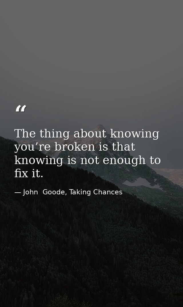 The thing about knowing you’re broken is that knowing is not enough to fix it. — John  Goode, Taking Chances