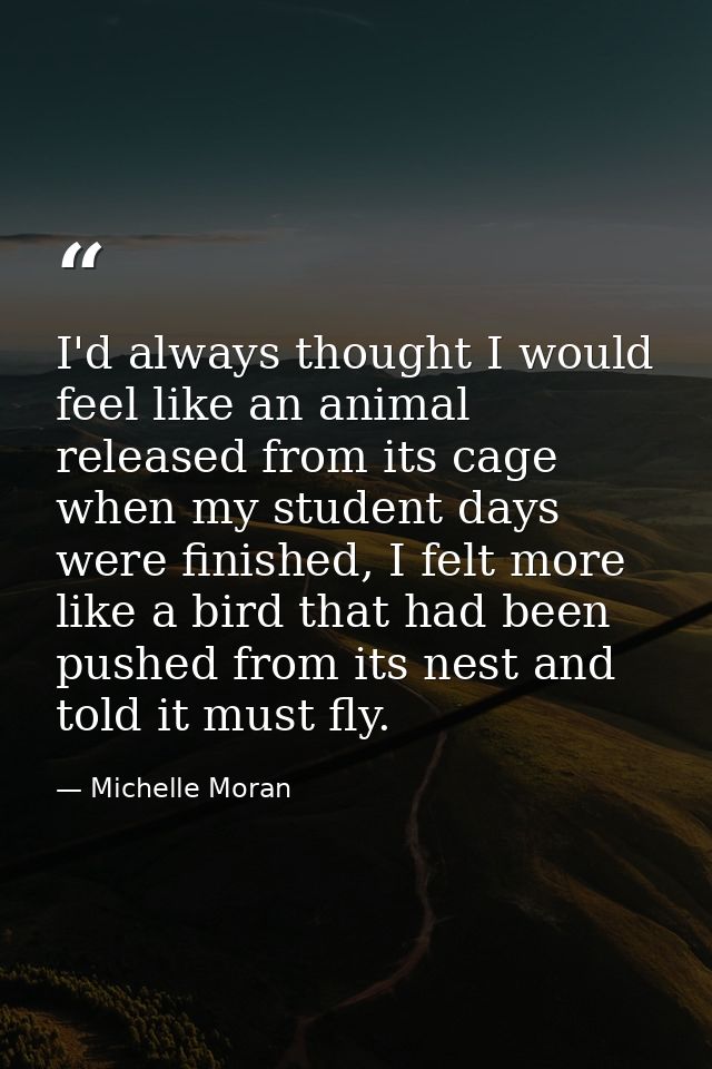 I'd always thought I would feel like an animal released from its cage when my student days were finished, I felt more li — Michelle Moran