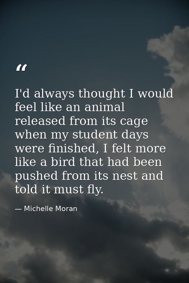 I'd always thought I would feel like an animal released from its cage when my student days were finished, I felt more li — Michelle Moran