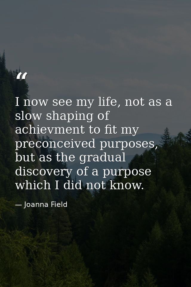 I now see my life, not as a slow shaping of achievment to fit my preconceived purposes, but as the gradual discovery of  — Joanna Field