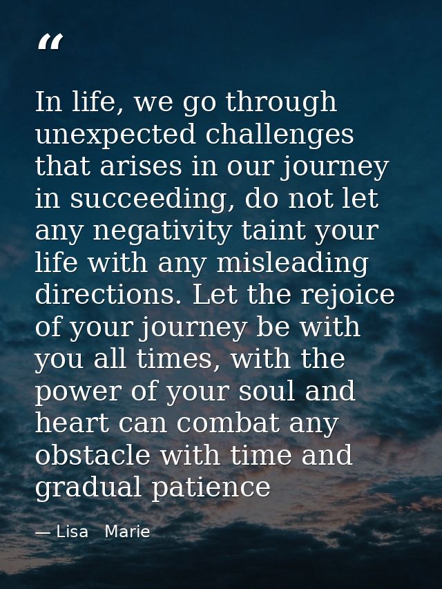 In life, we go through unexpected challenges that arises in our journey in succeeding, do not let any negativity taint y — Lisa   Marie