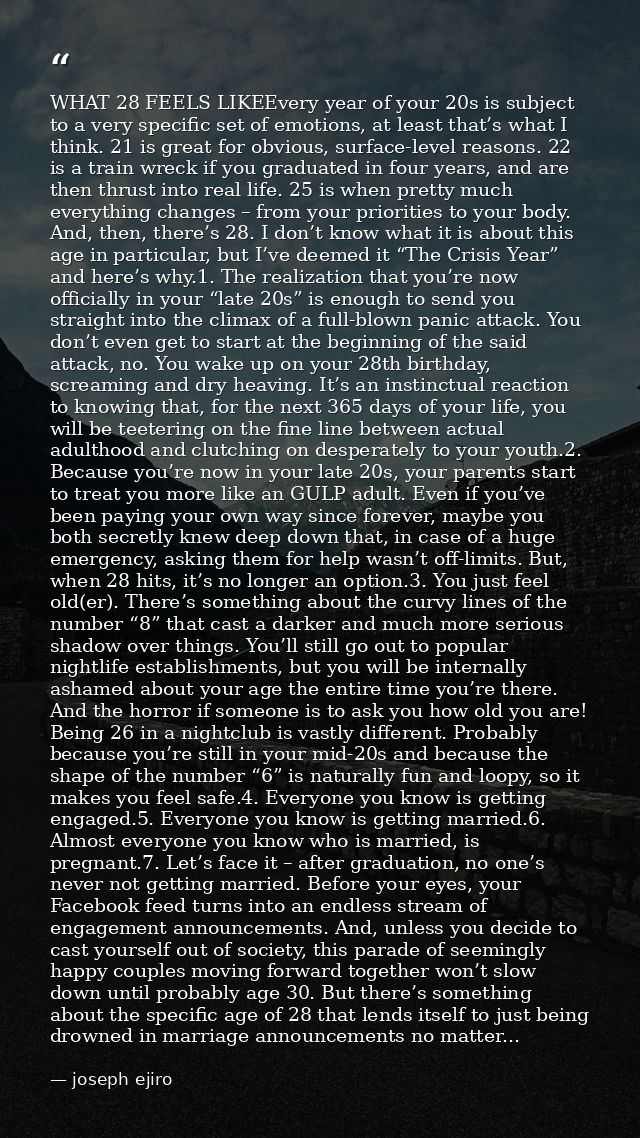 WHAT 28 FEELS LIKEEvery year of your 20s is subject to a very specific set of emotions, at least that’s what I think. 21 — joseph ejiro