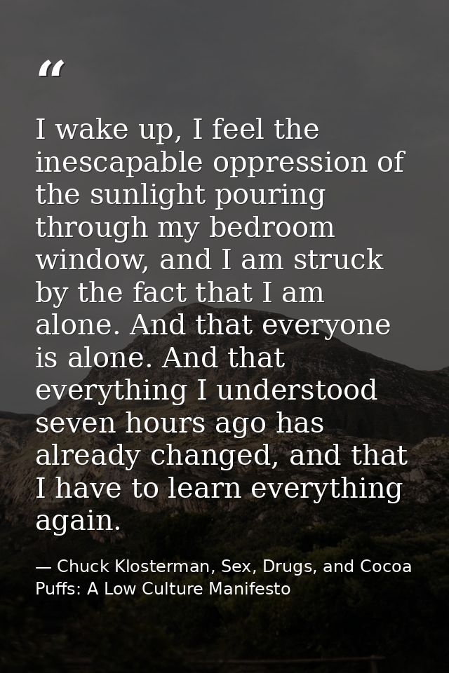 I wake up, I feel the inescapable oppression of the sunlight pouring through my bedroom window, and I am struck by the f — Chuck Klosterman, Sex, Drugs, and Cocoa Puffs: A Low Culture Manifesto