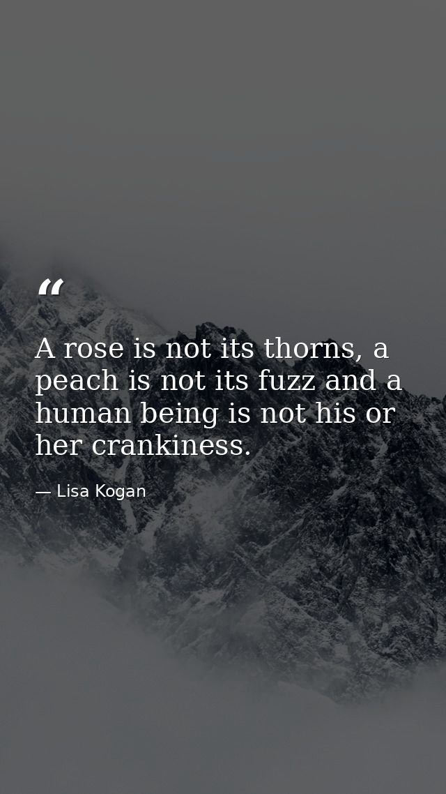 A rose is not its thorns, a peach is not its fuzz and a human being is not his or her crankiness. — Lisa Kogan