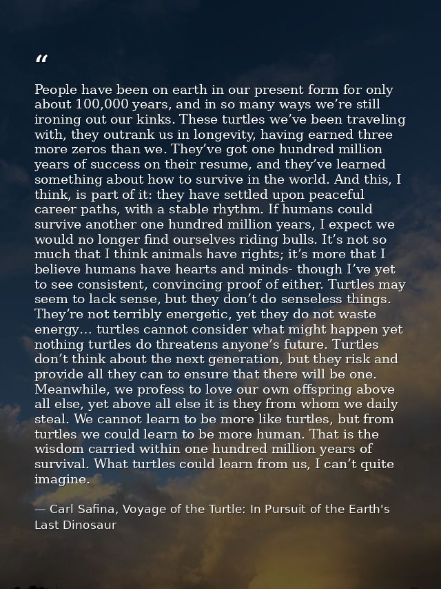 People have been on earth in our present form for only about 100,000 years, and in so many ways we’re still ironing out  — Carl Safina, Voyage of the Turtle: In Pursuit of the Earth's Last Dinosaur