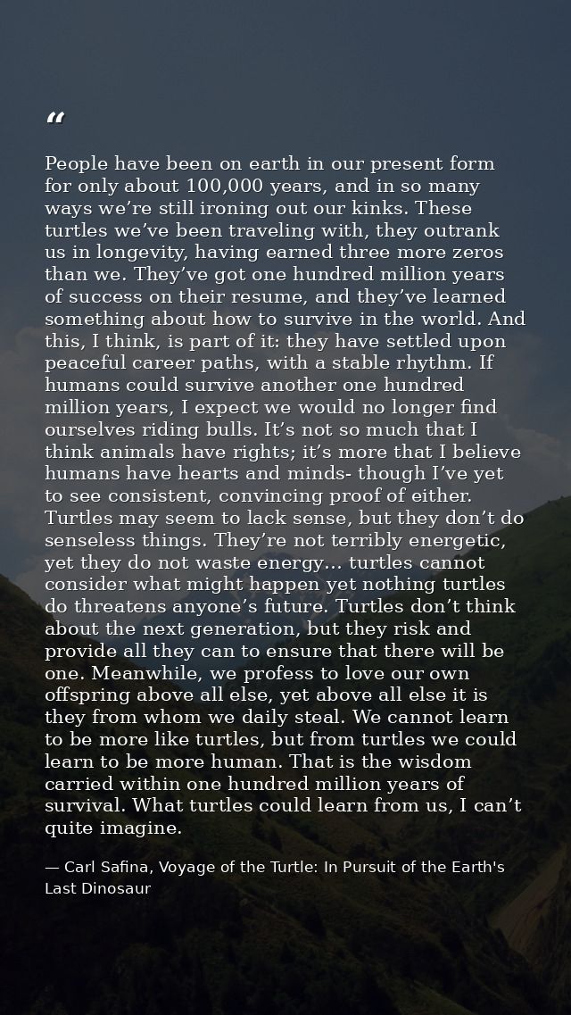 People have been on earth in our present form for only about 100,000 years, and in so many ways we’re still ironing out  — Carl Safina, Voyage of the Turtle: In Pursuit of the Earth's Last Dinosaur