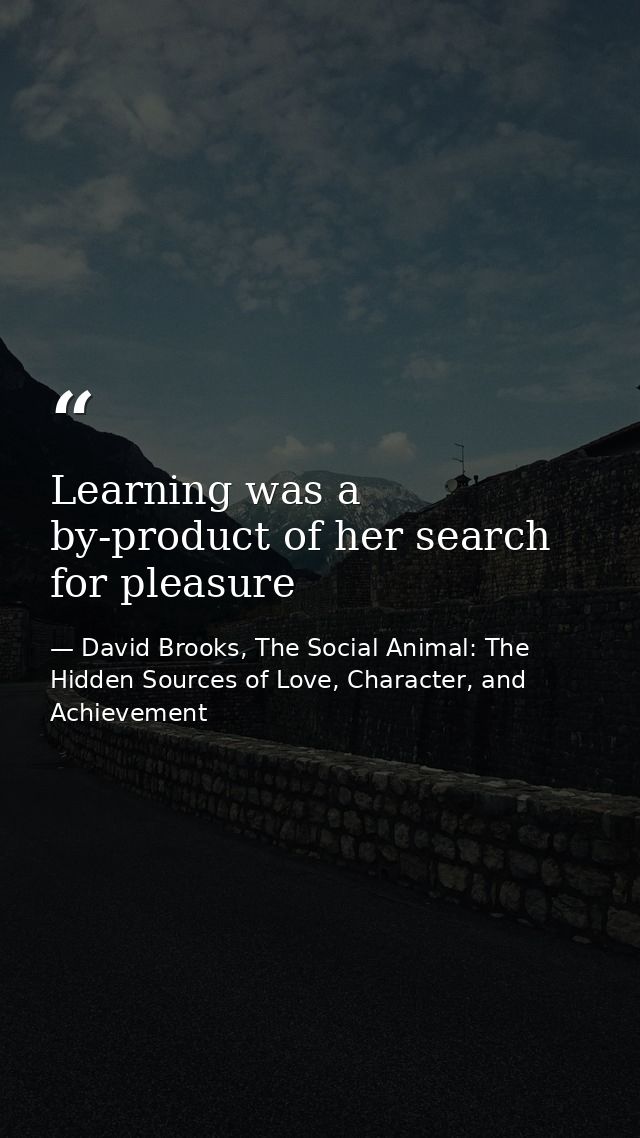 Learning was a by-product of her search for pleasure — David Brooks, The Social Animal: The Hidden Sources of Love, Character, and Achievement