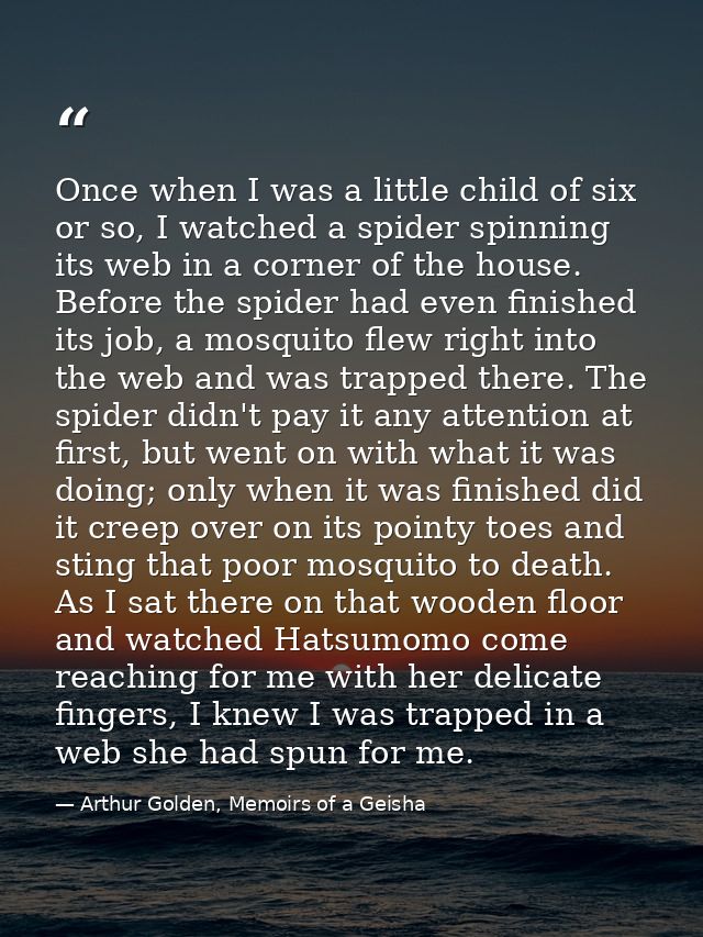 Once when I was a little child of six or so, I watched a spider spinning its web in a corner of the house. Before the sp — Arthur Golden, Memoirs of a Geisha