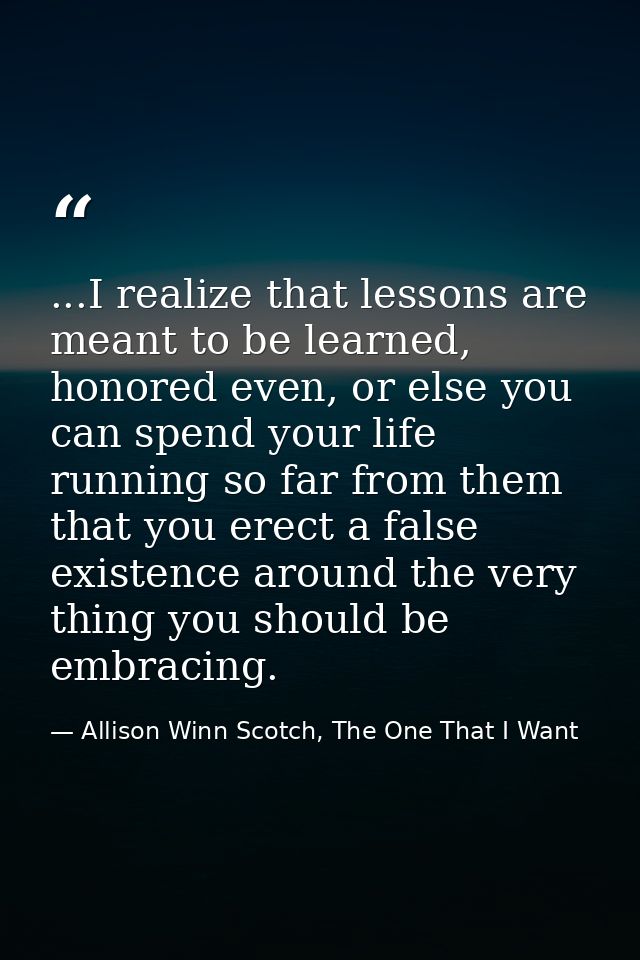 ...I realize that lessons are meant to be learned, honored even, or else you can spend your life running so far from the — Allison Winn Scotch, The One That I Want