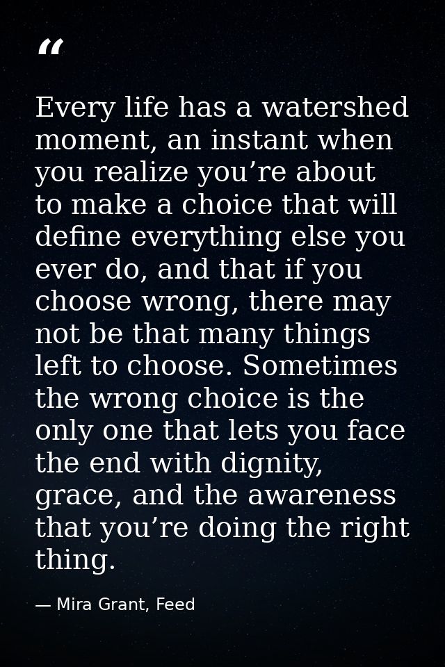 Every life has a watershed moment, an instant when you realize you’re about to make a choice that will define everything — Mira Grant, Feed