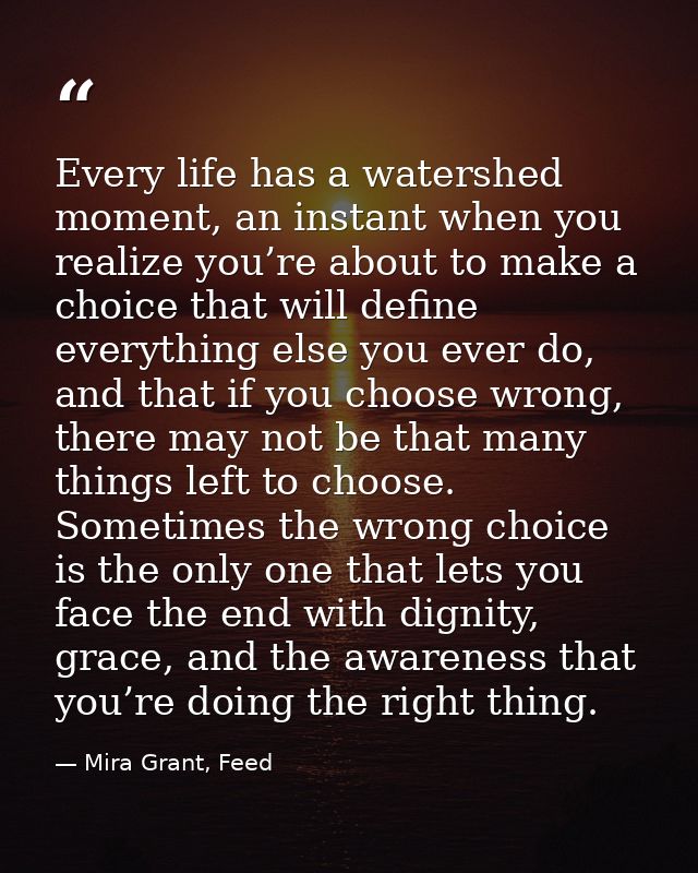 Every life has a watershed moment, an instant when you realize you’re about to make a choice that will define everything — Mira Grant, Feed