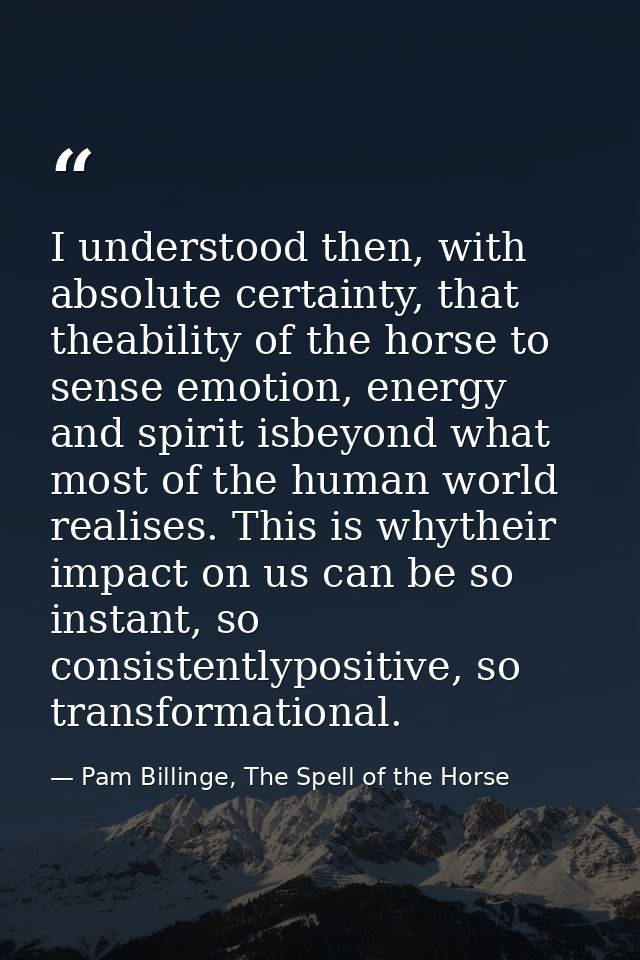 I understood then, with absolute certainty, that theability of the horse to sense emotion, energy and spirit isbeyond wh — Pam Billinge, The Spell of the Horse