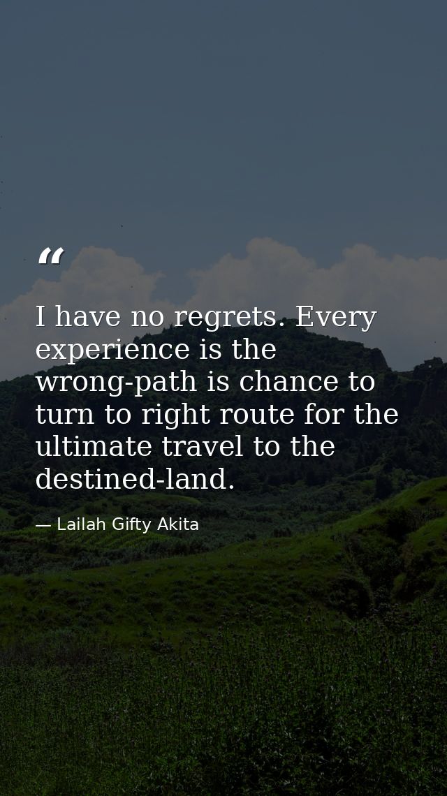 I have no regrets. Every experience is the wrong-path is chance to turn to right route for the ultimate travel to the de — Lailah Gifty Akita