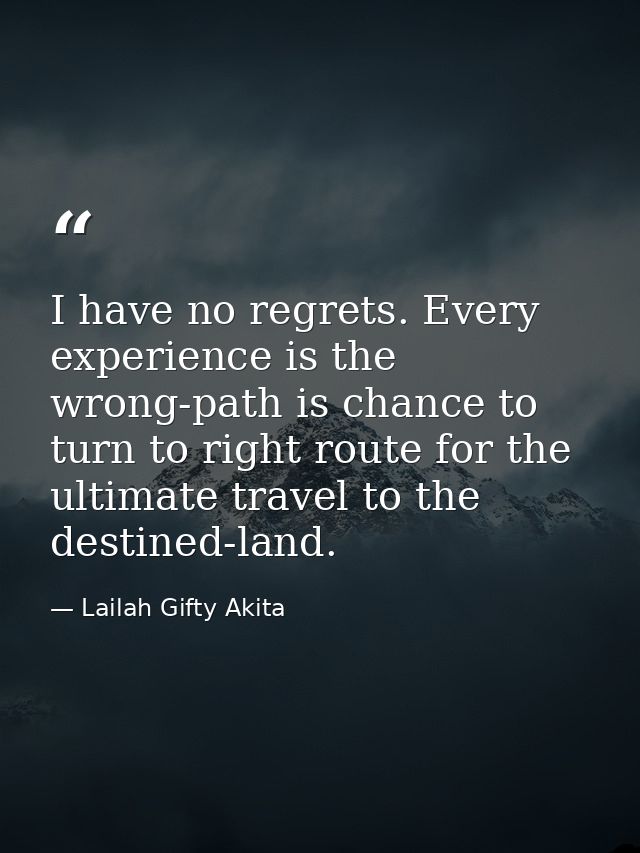 I have no regrets. Every experience is the wrong-path is chance to turn to right route for the ultimate travel to the de — Lailah Gifty Akita