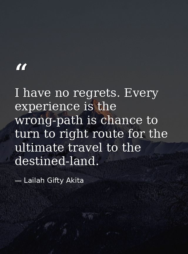 I have no regrets. Every experience is the wrong-path is chance to turn to right route for the ultimate travel to the de — Lailah Gifty Akita