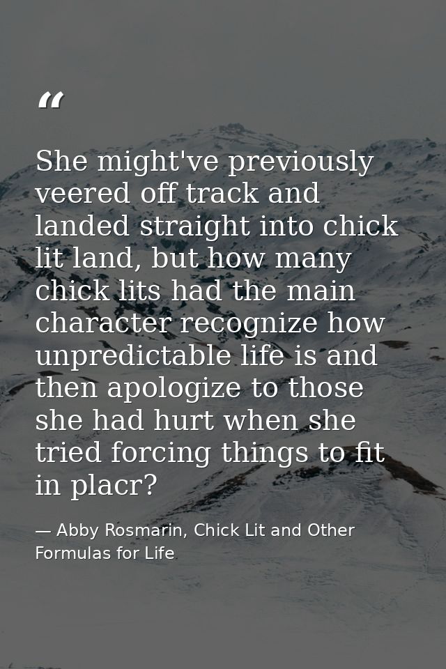 She might've previously veered off track and landed straight into chick lit land, but how many chick lits had the main c — Abby Rosmarin, Chick Lit and Other Formulas for Life