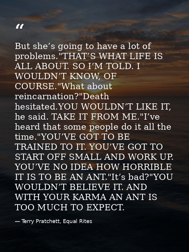 But she’s going to have a lot of problems."THAT’S WHAT LIFE IS ALL ABOUT. SO I’M TOLD. I WOULDN’T KNOW, OF COURSE."What  — Terry Pratchett, Equal Rites
