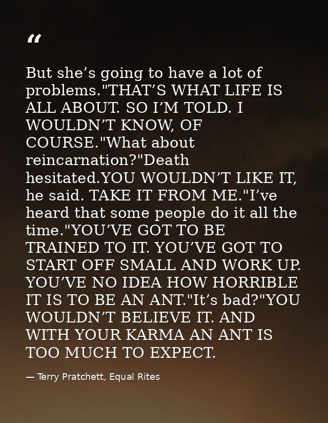 But she’s going to have a lot of problems."THAT’S WHAT LIFE IS ALL ABOUT. SO I’M TOLD. I WOULDN’T KNOW, OF COURSE."What  — Terry Pratchett, Equal Rites