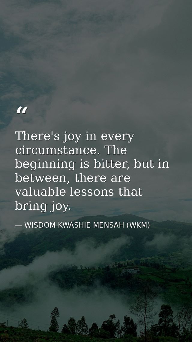 There's joy in every circumstance. The beginning is bitter, but in between, there are valuable lessons that bring joy. — WISDOM KWASHIE MENSAH (WKM)