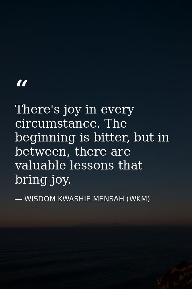 There's joy in every circumstance. The beginning is bitter, but in between, there are valuable lessons that bring joy. — WISDOM KWASHIE MENSAH (WKM)