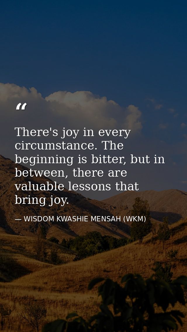 There's joy in every circumstance. The beginning is bitter, but in between, there are valuable lessons that bring joy. — WISDOM KWASHIE MENSAH (WKM)