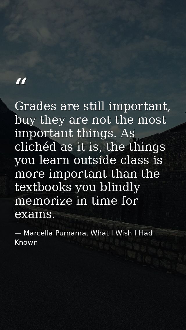 Grades are still important, buy they are not the most important things. As clichéd as it is, the things you learn outsid — Marcella Purnama, What I Wish I Had Known