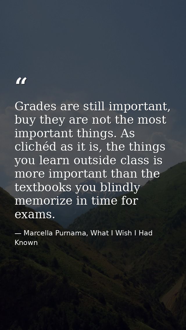 Grades are still important, buy they are not the most important things. As clichéd as it is, the things you learn outsid — Marcella Purnama, What I Wish I Had Known