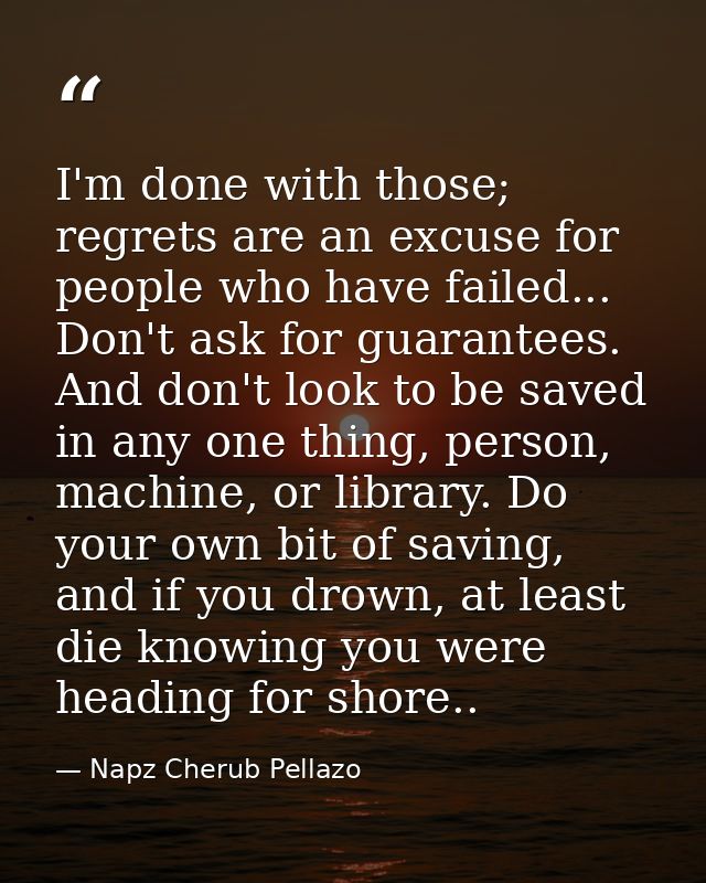 I'm done with those; regrets are an excuse for people who have failed... Don't ask for guarantees. And don't look to be  — Napz Cherub Pellazo