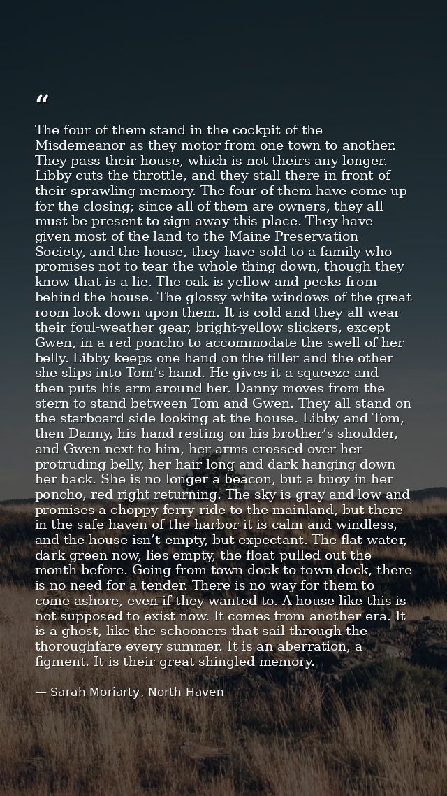 The four of them stand in the cockpit of the Misdemeanor as they motor from one town to another. They pass their house,  — Sarah Moriarty, North Haven