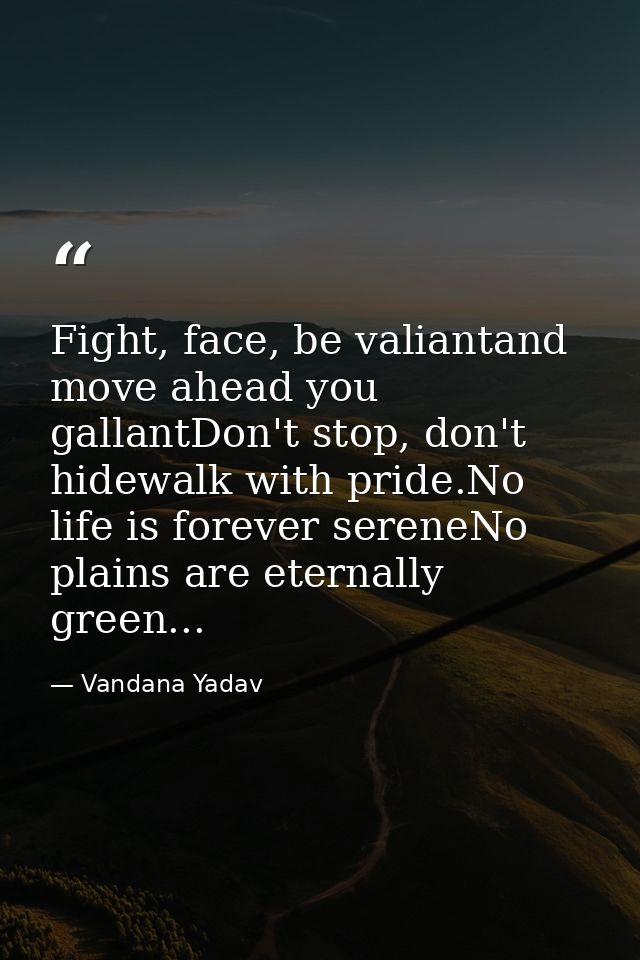 Fight, face, be valiantand move ahead you gallantDon't stop, don't hidewalk with pride.No life is forever sereneNo plain — Vandana Yadav