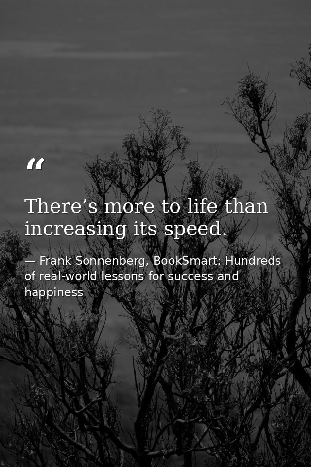There’s more to life than increasing its speed. — Frank Sonnenberg, BookSmart: Hundreds of real-world lessons for success and happiness