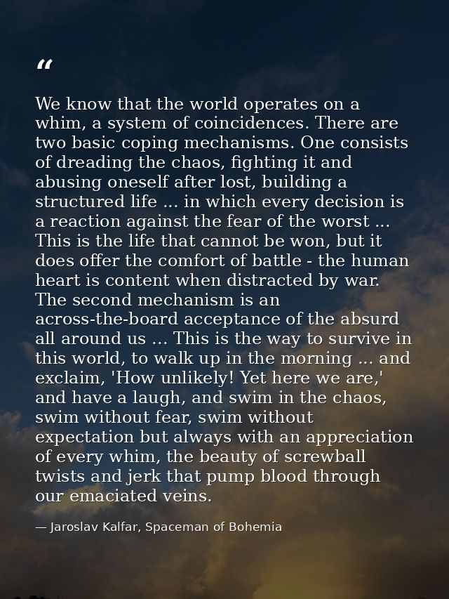 We know that the world operates on a whim, a system of coincidences. There are two basic coping mechanisms. One consists — Jaroslav Kalfar, Spaceman of Bohemia