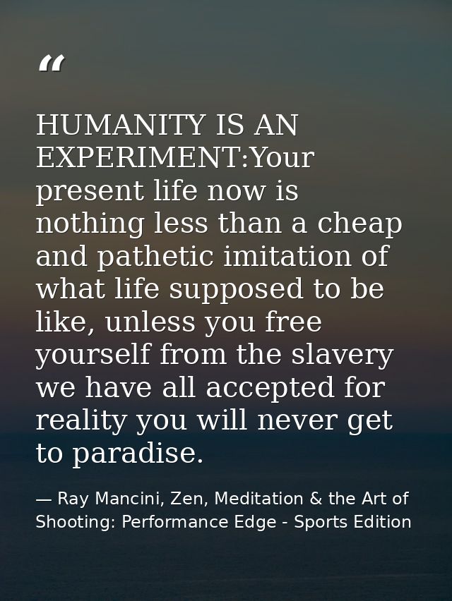 HUMANITY IS AN EXPERIMENT:Your present life now is nothing less than a cheap and pathetic imitation of what life suppose — Ray Mancini, Zen, Meditation & the Art of Shooting: Performance Edge - Sports Edition