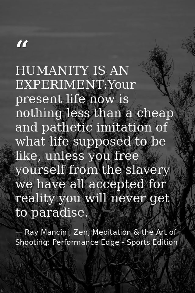 HUMANITY IS AN EXPERIMENT:Your present life now is nothing less than a cheap and pathetic imitation of what life suppose — Ray Mancini, Zen, Meditation & the Art of Shooting: Performance Edge - Sports Edition