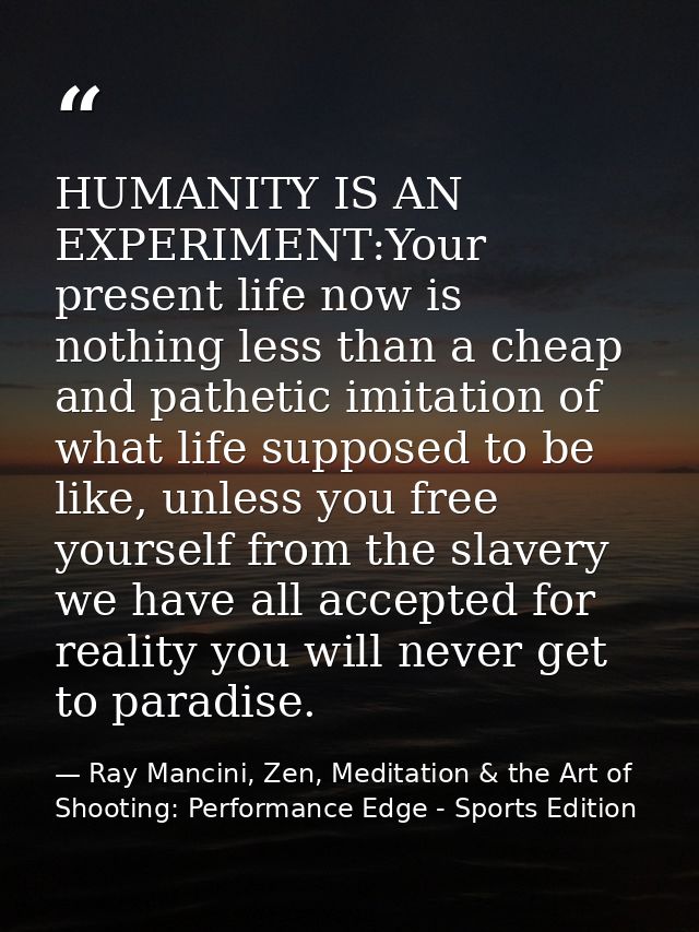 HUMANITY IS AN EXPERIMENT:Your present life now is nothing less than a cheap and pathetic imitation of what life suppose — Ray Mancini, Zen, Meditation & the Art of Shooting: Performance Edge - Sports Edition