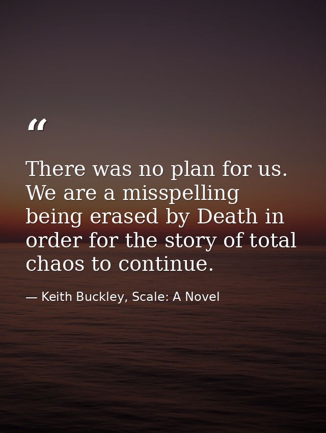 There was no plan for us. We are a misspelling being erased by Death in order for the story of total chaos to continue. — Keith Buckley, Scale: A Novel