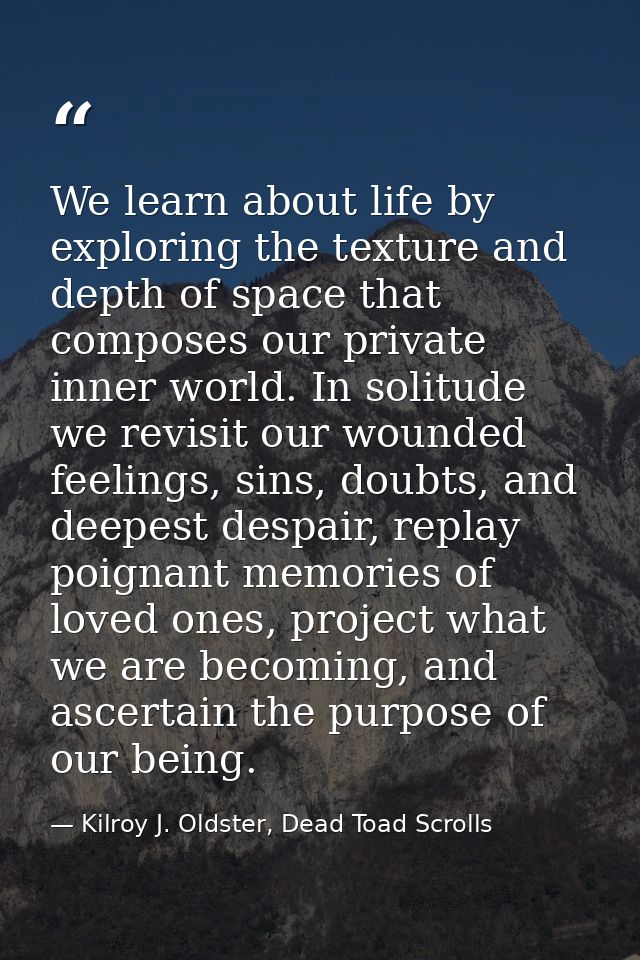 We learn about life by exploring the texture and depth of space that composes our private inner world. In solitude we re — Kilroy J. Oldster, Dead Toad Scrolls
