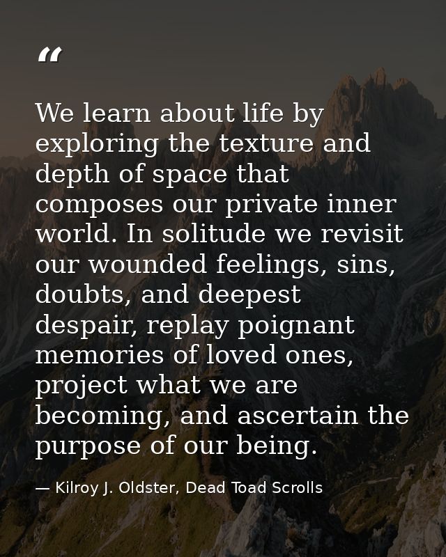 We learn about life by exploring the texture and depth of space that composes our private inner world. In solitude we re — Kilroy J. Oldster, Dead Toad Scrolls