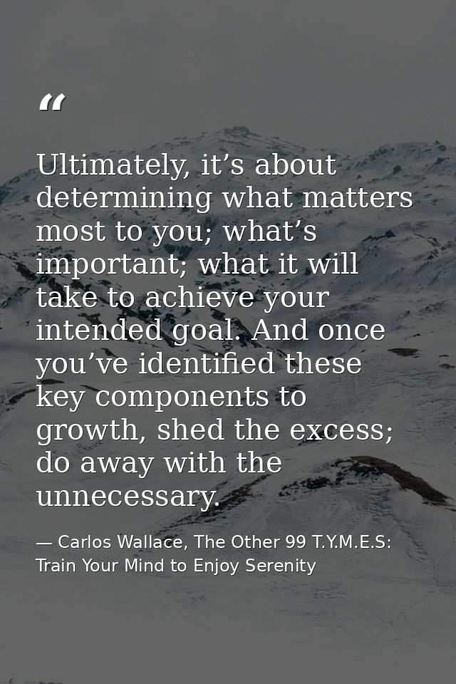 Ultimately, it’s about determining what matters most to you; what’s important; what it will take to achieve your intende — Carlos Wallace, The Other 99 T.Y.M.E.S: Train Your Mind to Enjoy Serenity