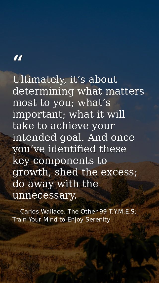 Ultimately, it’s about determining what matters most to you; what’s important; what it will take to achieve your intende — Carlos Wallace, The Other 99 T.Y.M.E.S: Train Your Mind to Enjoy Serenity